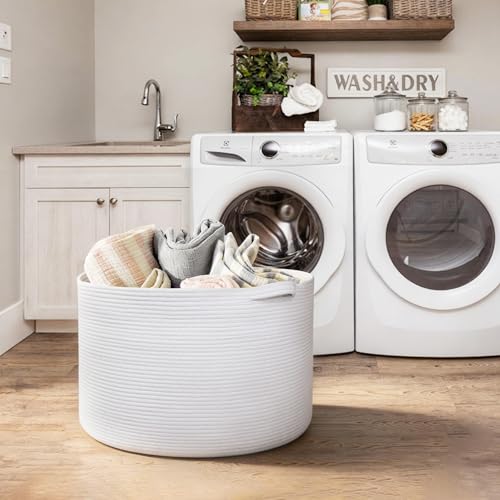 Image of MEGASKET White Cotton Rope Storage Basket, 22 inch X 22 inch X 14 inch Extra Large Blanket Storage Living Room, XL Soft Toy Bin for Organizing, Woven Baby Laundry Basket with Handle, White Wicker Hamper Nursery
