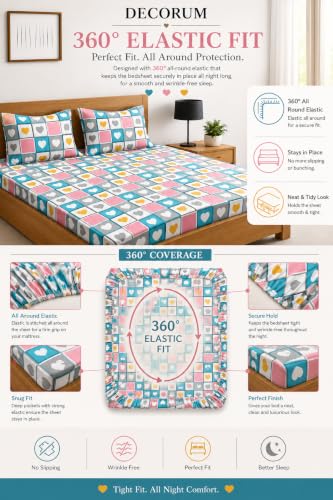Image of DECORUM Glace Cotton Fitted 1 Bedsheet King Size (72 inchx78 inch) | All Around Elastic | Cotton Feel | 2 Pillow Covers (17 inchx27 inch) | Fits Up to 8 inch Mattress | 200-220 TC | Printed Double Bed Sheet Set