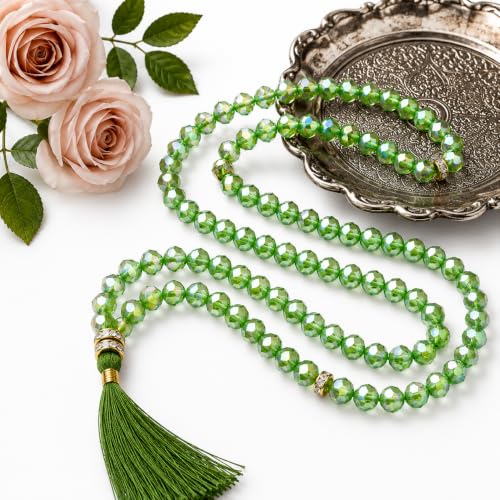 Image of Islamic Salat Prayer Tasbih - 100 Crystal White Beads - Tasbeeh for Dhikr, Zikr, and Meditation (Green)