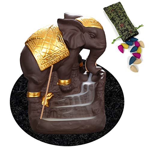 Elephant Backflow Waterfall Incense Burner Holder With 50 Pcs Incense Cones And 1Mat, Home Deco Handicraft Artwork Gift #TOP8