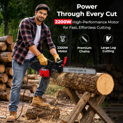 Image of Electric 16 inch Inch Corded Chainsaw With 2800 W High Power Motor With Low-Kickback System I 6800 RPM I Tree Cutter Tool | Wood Cutting Machine Home | Wood Cutter Tool Machine