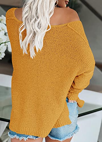 Image of Women's Off Shoulder Knit Sweaters Oversized V Neck Long Sleeve Loose Lightweight Pullover Tops