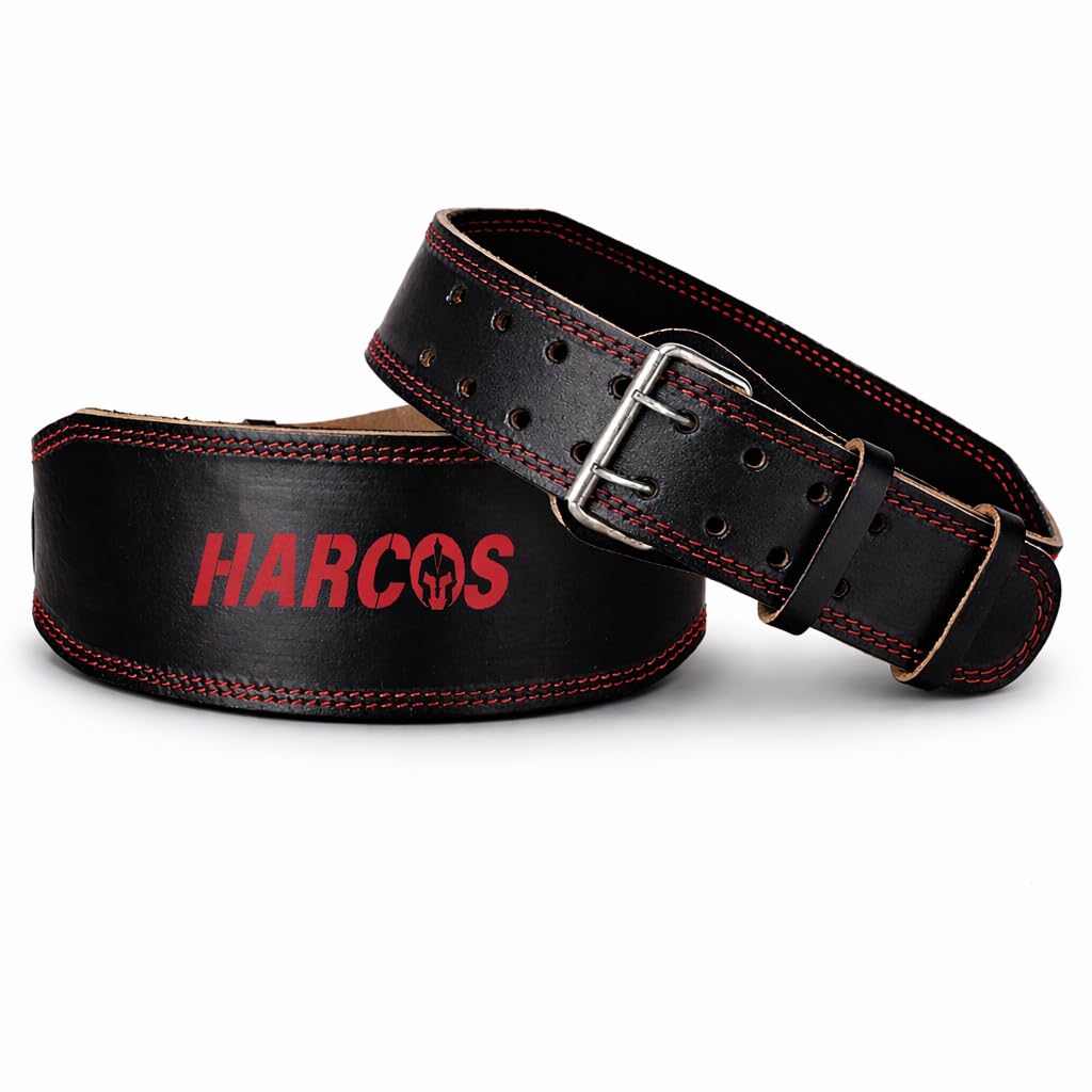 Harcos Premium Leather Gym Belt – Maximum Support & Durability Weightlifting Belt for Bodybuilding, Squatting, Lower Back Support & Back Pain - Real Leather, Adjustable Buckle Sizing - Men Women 4.5 MM thickness (Black-Red, Small)-image-44
