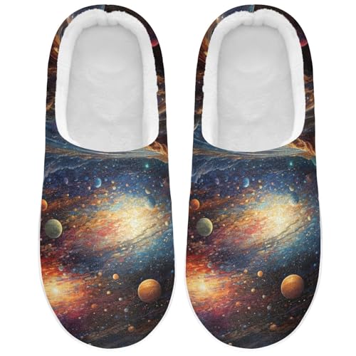 Space Galaxy Universe Planet Slippers for Women Men Indoor Slippers Memory Foam Fuzzy Slippers House Shoes for Indoor Outdoor Size 6/7 214B3687