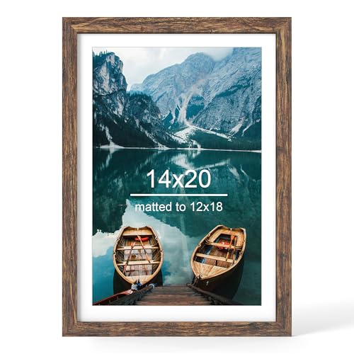 Hongkee 14x20 Picture Frame Rustic Brown Wood Style - Display Posters 12 x 18 with Mat or 14x20 without Mat Wall Mounting Horizontal and Vertical 1 Pack