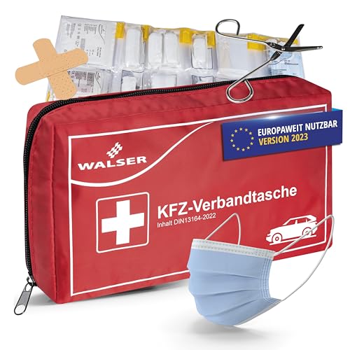 WALSER KFZ-Verbandtasche, Auto-Verbandskasten, Erste Hilfe Koffer, Notfall-Set Auto, Erste Hilfe Tasche DIN 13164:2022, First Aid Kit rot 44283