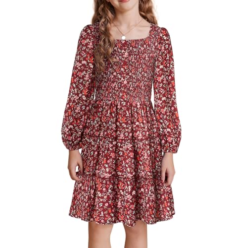 GRACE KARIN Vestido de niña para otoño e invierno, casual, cuello cuadrado, floral, manga larga, acampanado, rojo vino, 8 años