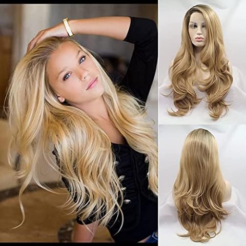 Natürliche handgebundene Haaransatz-Perücke, Seitenteil, Goldblond mit braunen Schatten Wurzel, Synthetik-Spitze, vorne gewelltes Haar Cover