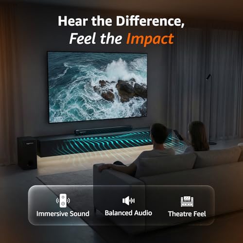 Image of amazon basics 90W Soundbar with Wired Subwoofer | 2.1 Channel Home Theatre|Bluetooth 5.3, HDMI ARC, USB, AUX | Deep Bass Subwoofer | Remote Control | Soundbar for Smart TVs, Gaming & Music (Black)