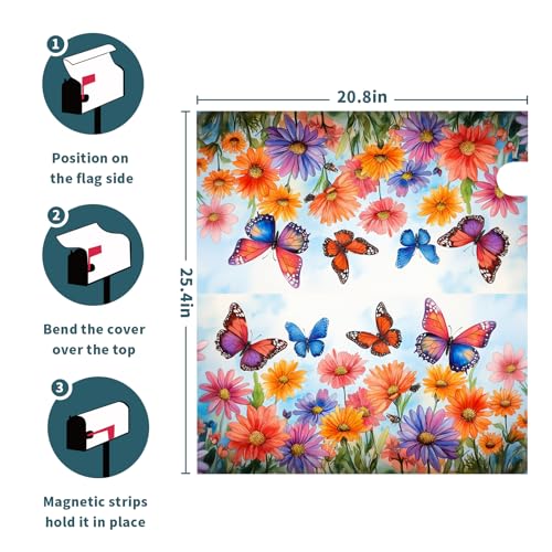 Image of Spring Colorful Flowers Mailbox Covers Magnetic Large Size 25 inchx21 inch Watercolor Butterfly Flowers Mailbox Cover Spring Summer Mailbox Wraps Letter Post Mailbox Cover for House Holiday Garden Yard Decor