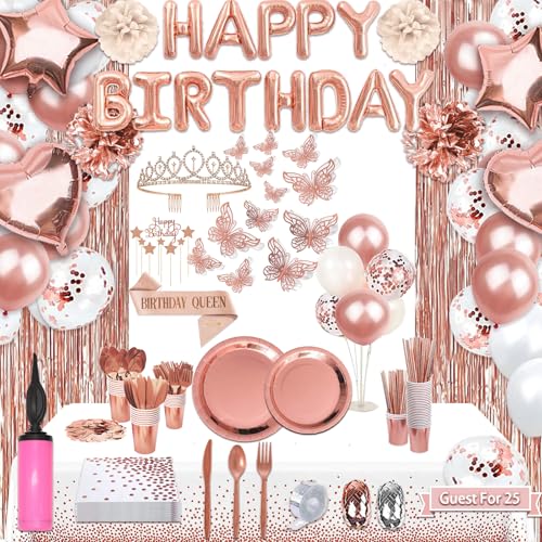Guudmua 285 Pcs Rose Gold Party Decorations Birthday Decorations For Women Or Girl - Knives Forks and Spoons Tiara Butterfly Sash Paper Pom Poms Balloon Stand Tableware For 25 Guests