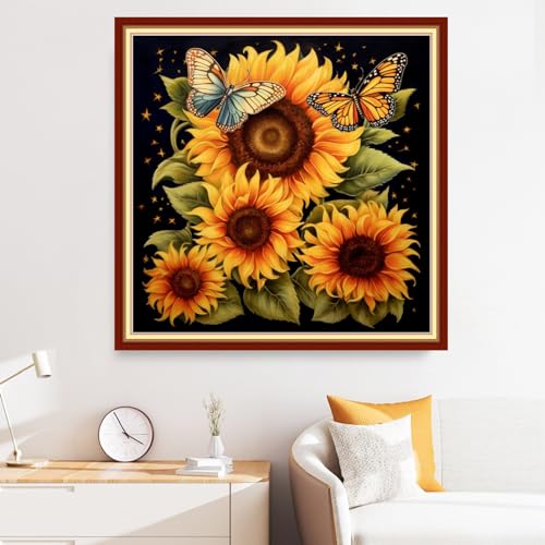 Image of Disxvivy Cross Stitch Stamped Full Embroidery Kits DIY 11CT Cotton Thread Printed DIY Needlepoint Kits Craft Needlework Set Cross-Stitch Stamped Sets-Sunflower Butterfly 18x18 inch