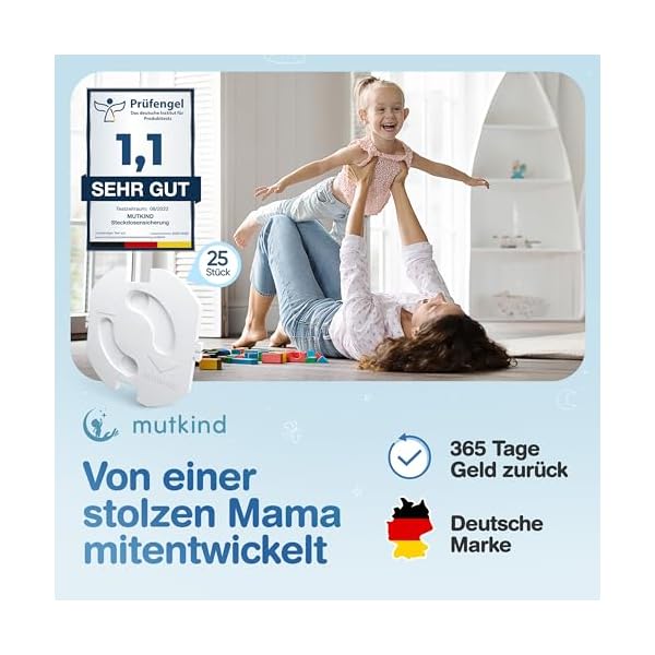 MUTKIND Steckdosen Kindersicherung - [Mit Kleber von TESA] Steckdosenschutz mit doppelten Halt - Zum Schutz für Babys und Kinder - Passend für jede Steckdose in DE - 25 Stk. Steckdosensicherung Baby – Bild 8