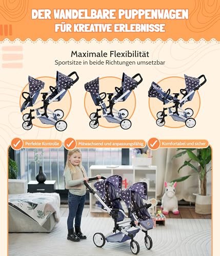 Bayer Chic 2000 - Passeggino Per Bambole Linus Duo, Passeggino Gemellare Per Bambini Dai 4 Agli 8 Anni, Carrozzina Tandem, Asterisco Navy, 690-51 - 2