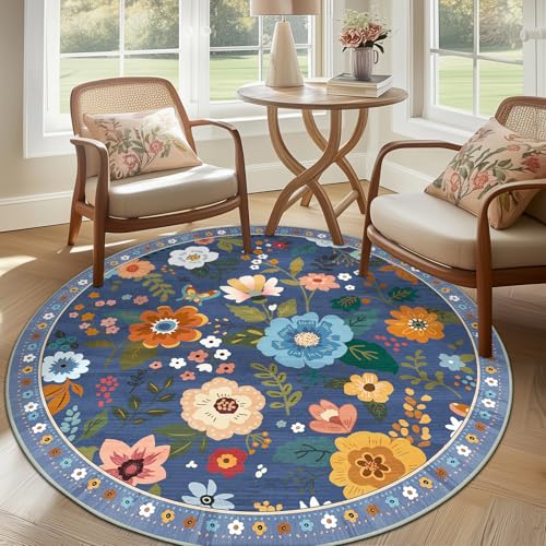 Floral 6ft Area Rug Machine Washable Soft Print Boho Carpet Non Slip Doormat Low Pile Flower Area Rugs for Living Room Bedroom Nursery Kitchen Dining Room Indoor-Blue/Grey