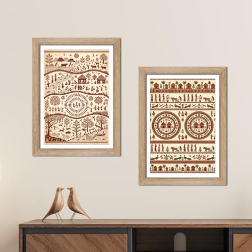 Image of TenorArts Traditional Tribal Folk Art Photo Frame Set of 2 , Indian Rural Arts Decor Wall Hanging Painting For Bedroom Living Room Cafe and Home decor / Minimal Drawing Framed Posters for Decoration (9x12 inches) [T2P-07T]