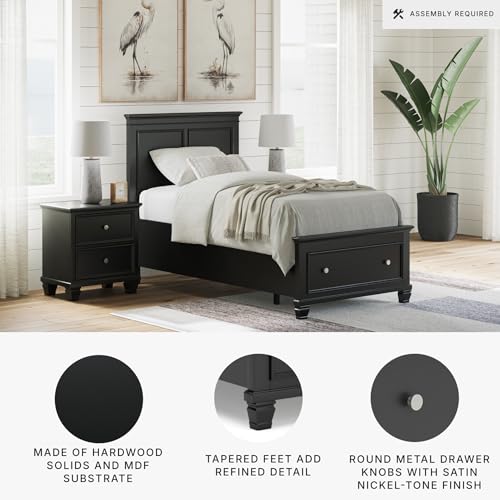 Image of Signature Design by Ashley Lanolee Twin Platform Storage Bed, Black | Hardwood solids with birch veneer and engineered wood, Extra deep footboard storage drawer, Platform design, Casual style
