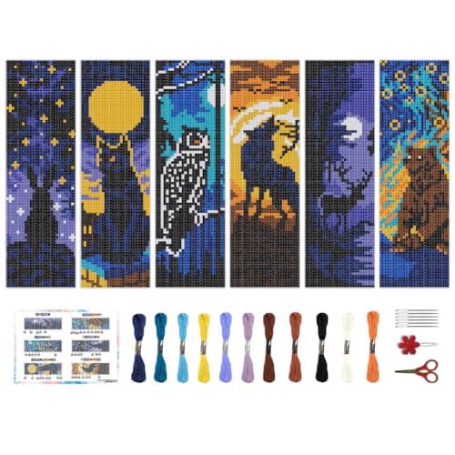 Image of BEUNITONE 6 Pcs Cross Stitch Bookmark Kit for Beginner Black Moon Animals Counted Cross Stitch Kit with Instruction Stamped Embroidery Bookmarks Handmade for DIY Crafts Book Lovers 8.5''x3''