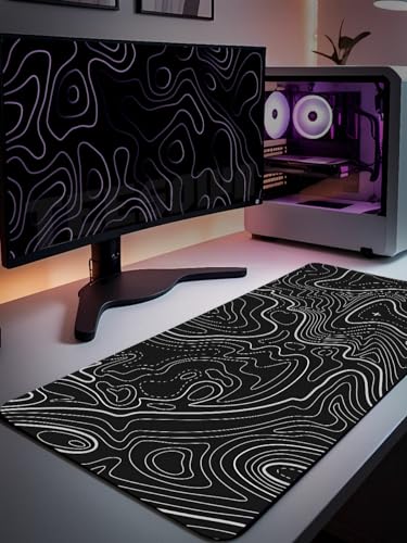 Image of XL Black Topographical Extended Mousepad (31x12) inches for Laptop Desktop PC and Gaming Desk Mat Rubber Base Desk Pad
