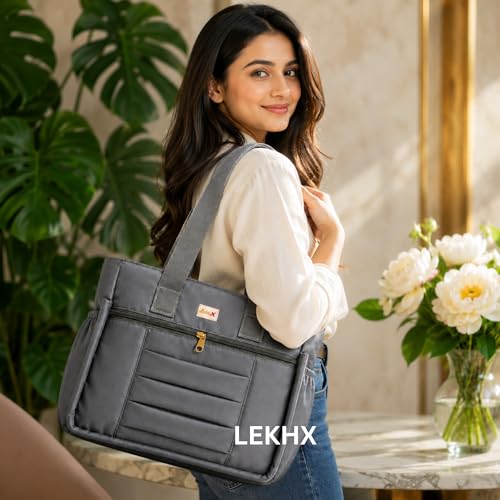 Image of LX LEKHX Tote Bag for Women | Lightweight Shoulder Handbag with 2 Main Zip Compartments & Multiple Pockets | Water Resistant Polyester Fabric | Office, Travel & Daily Use