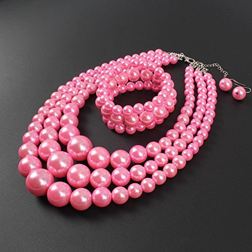 KOSMOS-LI Women's 3 Layer Simulated Pearl Statement 18" Necklace Bracelet and Earrings Jewelry Set4