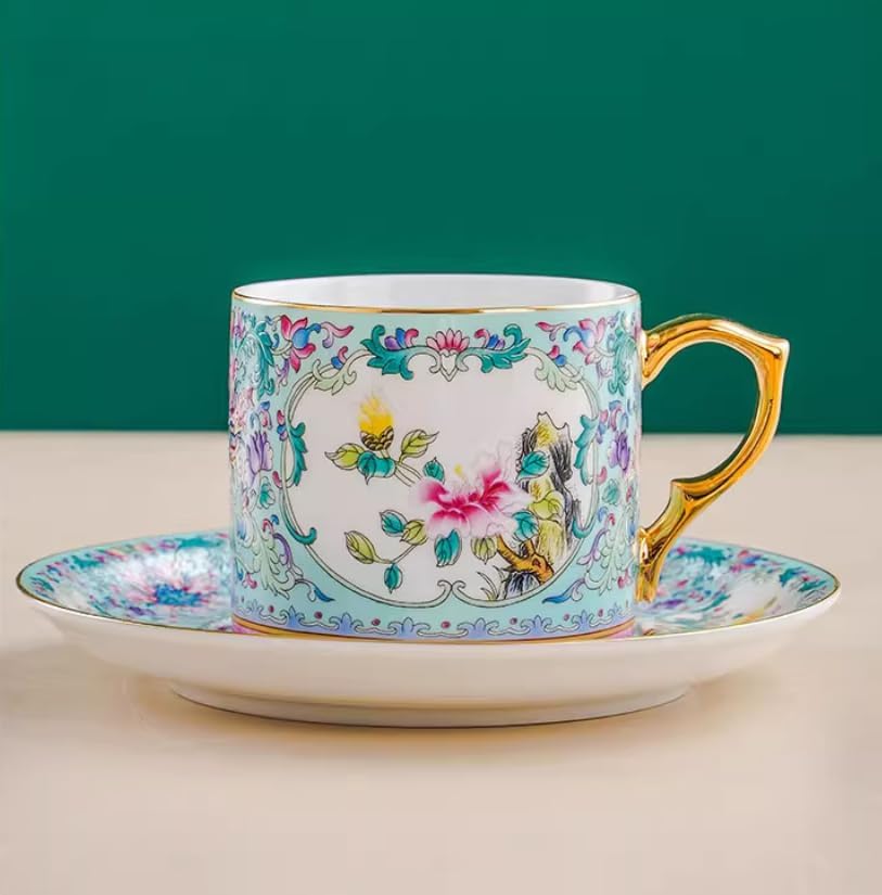 セラミックコーヒーティーカップとソーサーセット中国風グリーンフラワー陶器コーヒーマグとソーサーセット、ミルクジュースマグプレート誕生