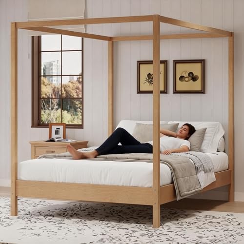 HRJHLucky King Size Canopy Bed Wood 4 Poster Bed Frame with Slats Support, No Box Spring Needed (King)