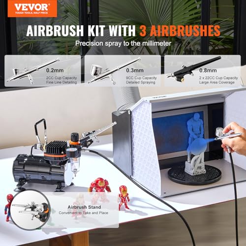 VEVOR Airbrush Kit, Professional Airbrush Set with 1/5 HP Compressor & 3 Airbrushes, Airbrushing System Kit with Multi-Purpose Dual-Action Gravity Feed Airbrushes, Art Nail Cookie Tatto - Image 2