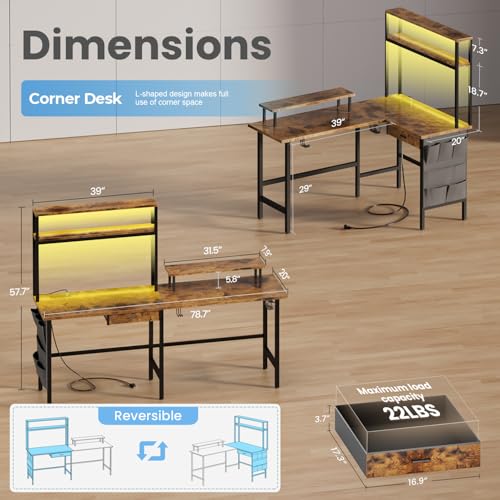 Image of HLDIRECT L Shaped Desk with LED Light & Power Outlet, 59 Inch Reversible Corner Gaming Desk with Storage Shelves & Drawer, Computer Table with Monitor Stand, Home Office, Work, Study, Rustic Brown