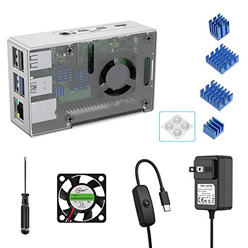Newding Case for Raspberry Pi 4 Model B with Fan and Power Supply, 1 PCS Cooling Fan, 5.1V 3A USB-C Power Supply with ON/Off Switch, 4PCS Aluminum Radiator, 4PCS Rubber feet (RPI 4 Board Not Included)