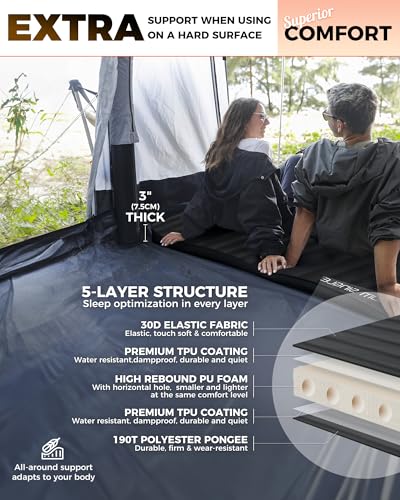 Image of KingCamp PREMIUM SINGLE Self Inflating Sleeping Pad, 7.5 R-Value Air & Foam Camping Mattress, 3 inch Thick Insulated Sleeping Pad with Pump Sack for Car Camp Tent, PVC Free, Single Black