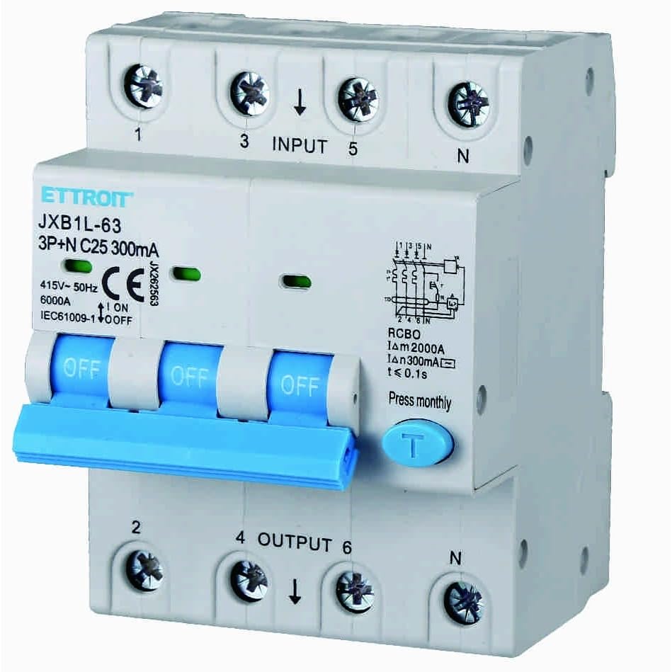 Interruttore Magnetotermico Differenziale 3P+N 25A 300mA 380V-6KA 300mA per Guida DIN - 4 Moduli DIN - Protezione Circuiti e Sicurezza Impianti