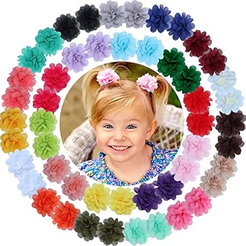 WillingTee 50pcs 2" Chiffon Flower Hair Bows Tiny Clips for Girls Fully Lined Non Slip Baby Clips Hair Accessories for Baby Girls Newborns Infants Toddlers 25 Colors in Pairs Cover