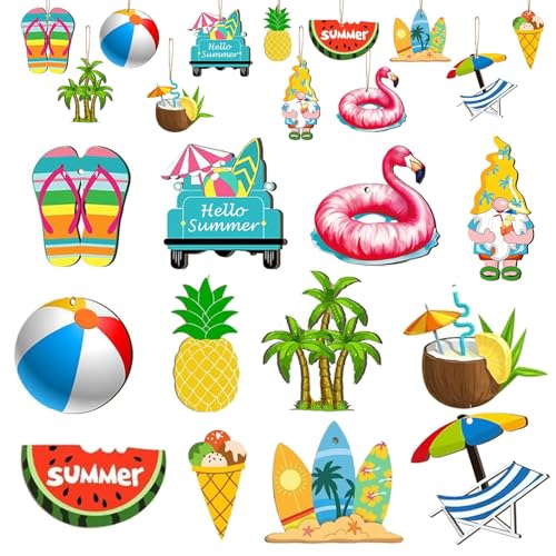 Summer Ornaments for Tree Wood Both-Sided Printing, 24 Pcs Christmas Tree Decorations Hanging Ornaments for Holiday Home Indoor Outdoor Decorations