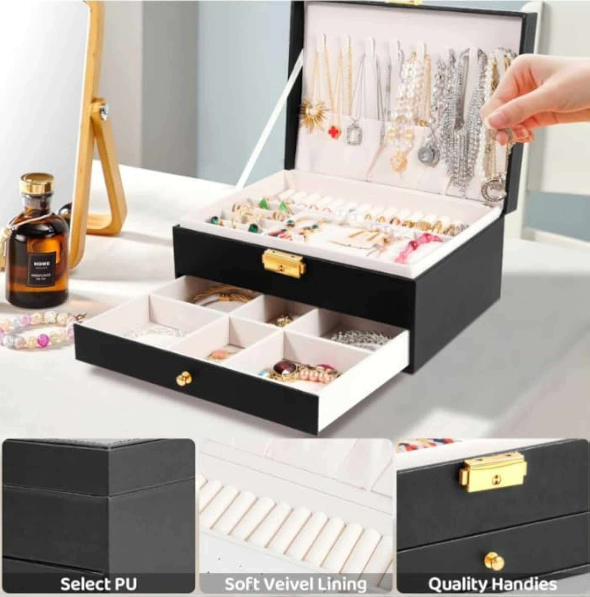 Mini Chex Pattern Jewelry and Cosmetic Organizer Box, Black