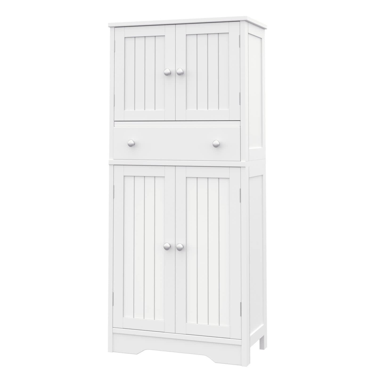 Rovaurx Tall Storage Cabinet with Adjustable Shelf, Bathroom Floor Storage Cabinet with Drawer, Traditional 4 Door Kitchen Pantry, White BMGZ106W