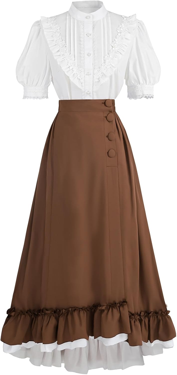 FCCAM Victorian Dress for Women Short Sleeve 1800s Edwardian Dress Costume with Pockets