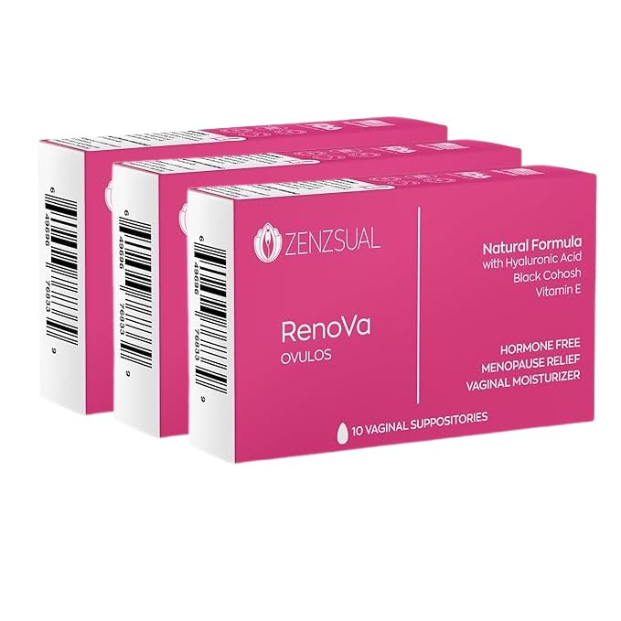 ZENZSUAL Renova Ovulos Moisture Support Suppositories, 30 Inserts (3 Boxes) – Extra Strength Feminine Dryness Support - Moisture Care with 10mg Hyaluronic Acid, Vitamin E, Flaxseed Oil & Cocoa Butter