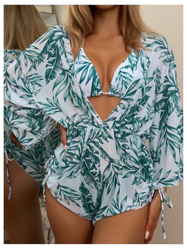 COZYEASE Women's 2025 Summer 3 Piece Swimsuits Tropical Print Bikini Set Halter Drawstring Bathing Suits with Cover Up3