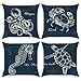 Bonhause Fundas de Cojín Tortuga Marina Pulpo Caballo de mar 45x45cm Funda de Almohada Oceano Azul Náutico Poliéster Lino Cojines Decorativos para Sofá Cama Hogar Exterior Juego de 4