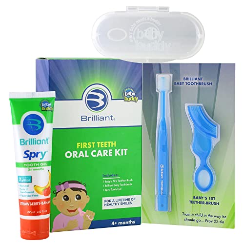 Image of First Teeth Oral Care Kit by Brilliant Oral Care- Set has Baby's 1st Teether-Brush, Brilliant Baby Toothbrush and 2oz Spry Xylitol Tooth Gel, Infants Age 4 Months Old and Up, Baby Must Haves, Blue