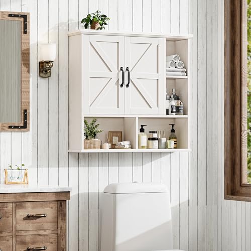 Image of Bathroom Wall Cabinet, Farmhouse Medicine Cabinet with Doors, Rustic White | Over The Toilet Storage Cabinet with Double Barn Door and Adjustable Wood Shelf for Wall Mounted for Bathroom Laundry Kitchen