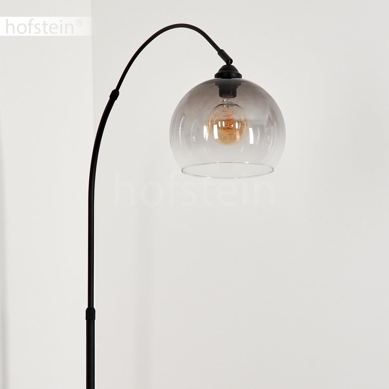 Stehleuchte Tapitapa, Stehlampe aus Metall/Glas/Marmor in Schwarz/Rauchfarben/Klar, verstellbare Bogenlampe (Ø 24,5 cm) m. Fuß aus Marmor, 1 x E27 max. 60 Watt, ohne Leuchtmittel, Fußschalter am Kabel