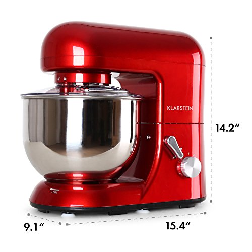 KLARSTEIN Bella Rossa • Tilt-Head Stand Mixer • Dough Hook, Flat Beater, Wire Whip • 650 W • 5.5 qt Stainless Steel Bowl • Planetary Mixing • 6 Speeds • Red - Thumbnail 6