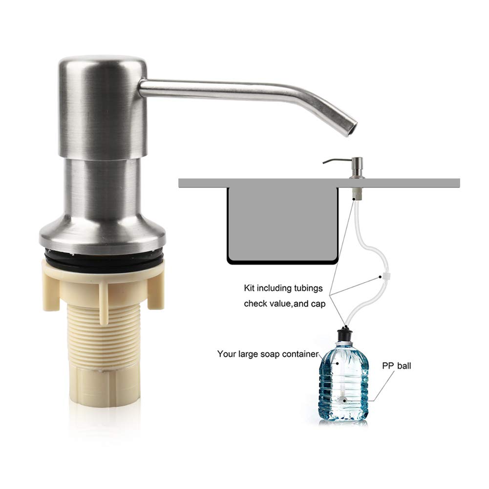 Dispensador de jabón para fregadero de cocina y tubo de extensión de acero inoxidable,con tubo de 120 cm,bomba dispensadora y 4 tapones universales para botellas, accesorios fregadero de cocina, plata