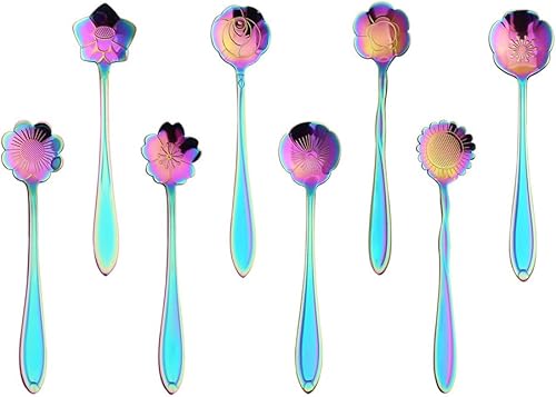 8 Pieces Rainbow Flower Spoon Coffee Teaspoon Set, Stainless Steel Stirring Spoon Tea Spoon Sugar Spoon, 8 Different Patterns