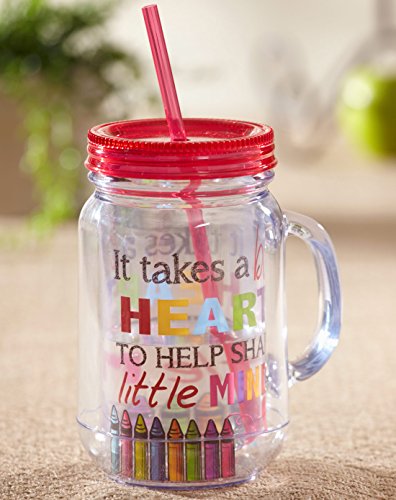 Cypress Home Teacher Appreciation 20 oz Gift Mug It Takes A Big Heart To Help Shape Little Minds | Red | Double Wall Insulated Mason Jar With Straw | 6.25-in Tall x 5-in Wide - Image 5