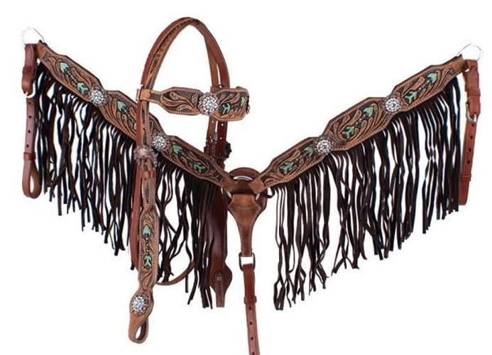 Western Horse Headstall Briglia Breast Collar Redini Tack Set Pelle Floreale Attrezzato Fatto a Mano Pieno Cob Pony Pettorale ME-HBC-058 (Ponio)