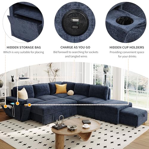 Image of Merax L-Shaped Modular Sectional Sofa with Removable Storage Ottoman, USB Ports and Cup Holder, 6-Seats Upholstered Couch & Armrest, Free Combination Indoor Furniture for Living Room, Apartments, Blue