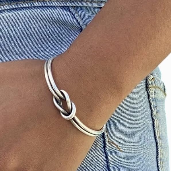 Handmade Sterling Silver Knot Cuff Bracelet, Minimalist Rustic Simple two Silver Wires Reef Knot, Friendship Love Bracelet, Adjustable Cuff, Gift for Her or Him